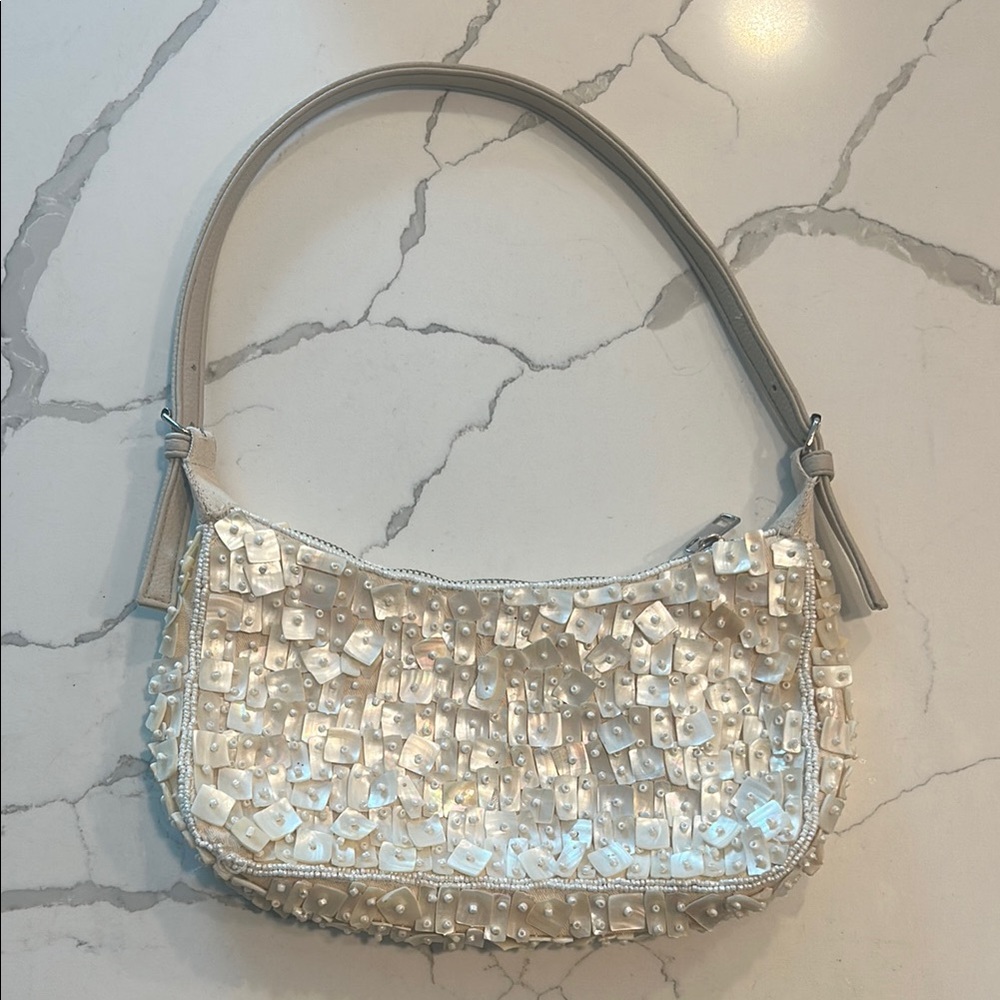 Embellished Pearl Sequin Shoulder Bag - Ivory